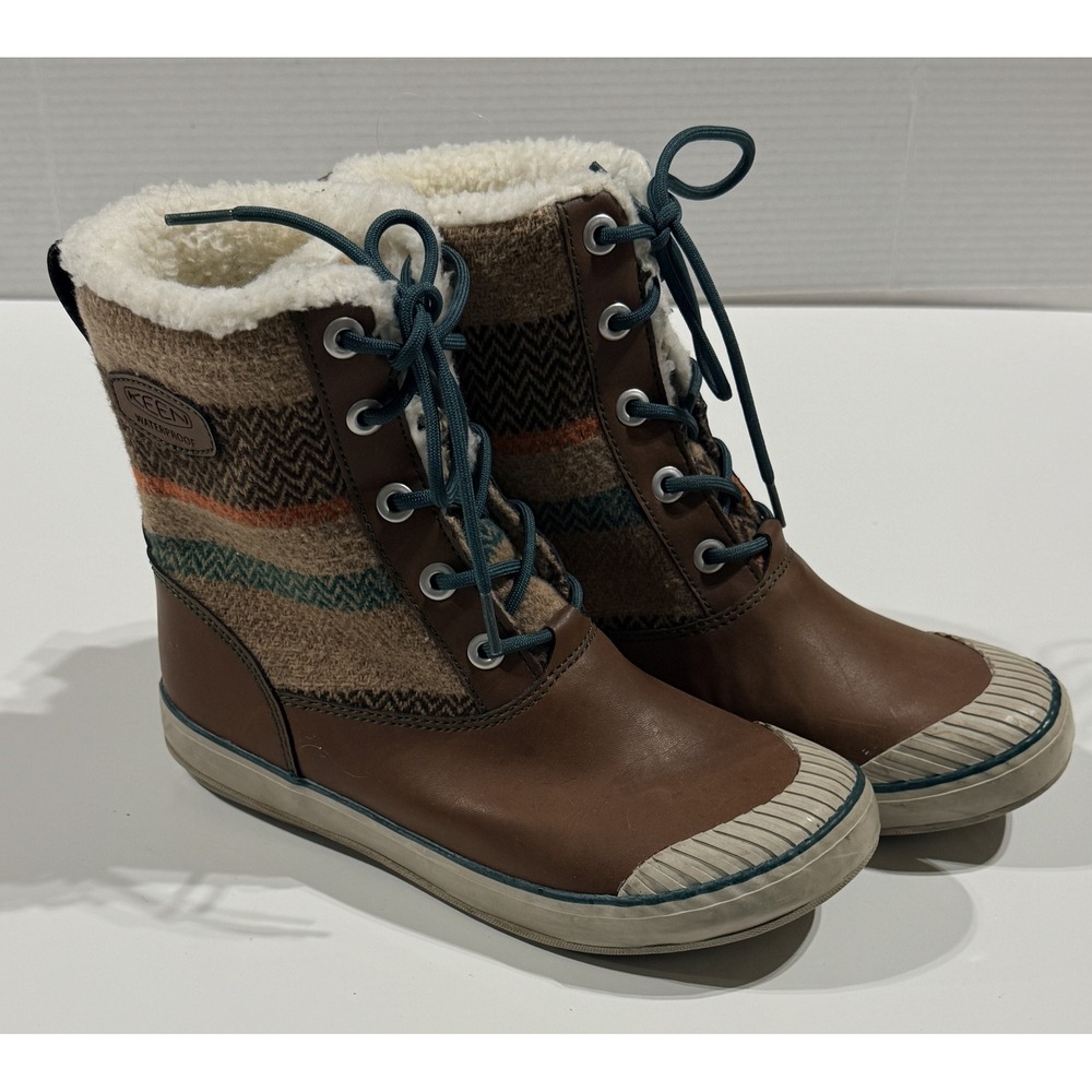 KEEN Elsa - Women's Mid Waterproof Snow Boots -Brown Wool Striped Sherpa -Size 8